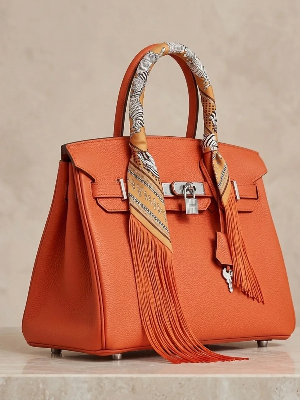 Orange Zebra Print fringed silk Twilly
